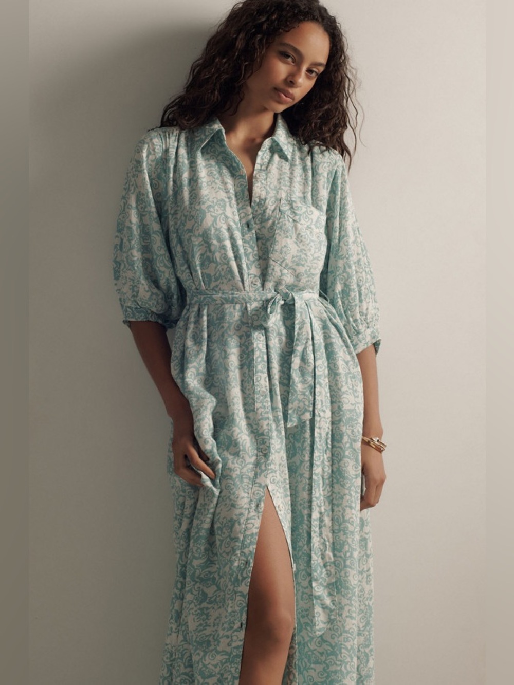 Anthropologie Maeve The Irene Linen Blend Shirt Dress Large Puff Sleeve Pockets